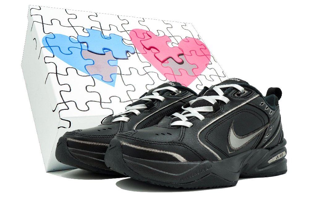 Nike Air Monarch 4 Kaleidoscope Black Panther Warrior Box Slip-Resistant Low-Top Chunky Sneakers Unisex Silver Black