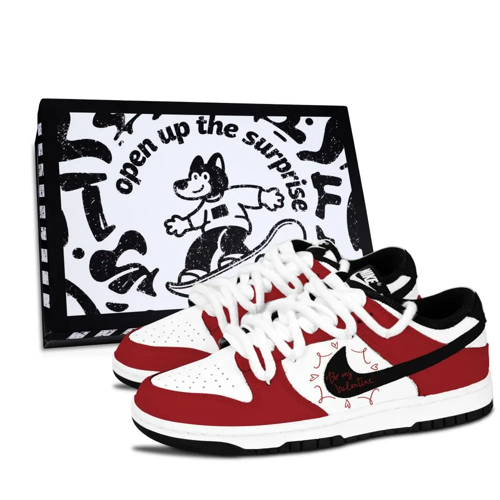 Nike Dunk Black White, Red Mood Boat Slip Resistant Abrasion Resistant Low top Skateboard Shoes Unisex