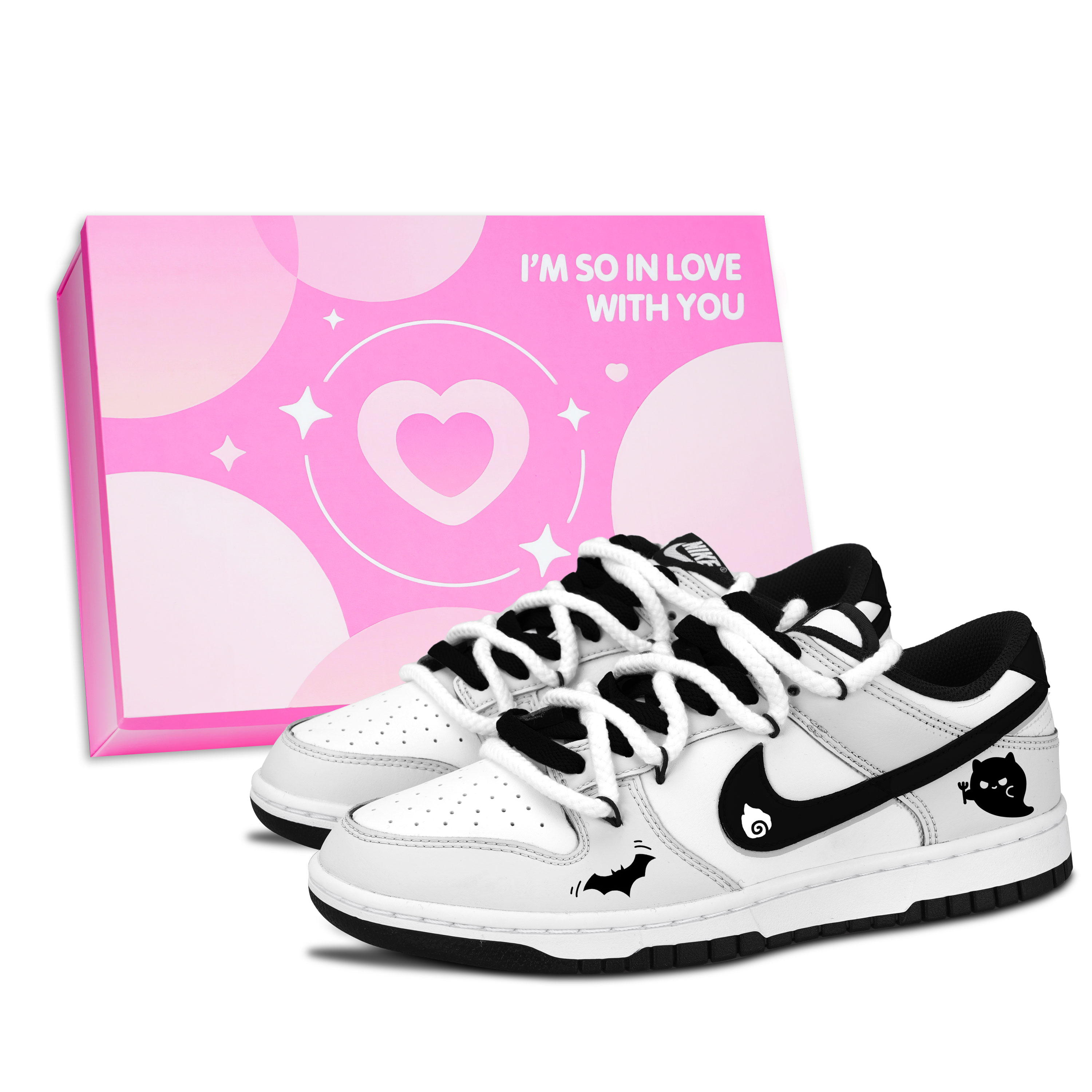 Nike Dunk Black White, Black Bat Spirit Slip Resistant Abrasion Resistant Low top Skateboard Shoes Unisex