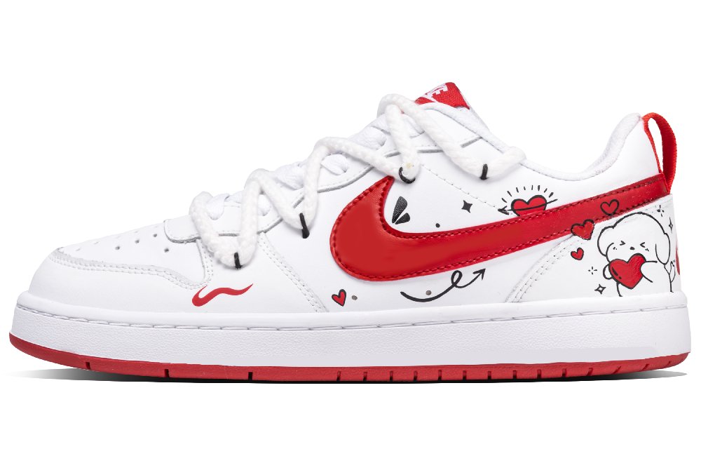 Nike Court Borough 2 Heart Puppy Abrasion Resistant Low Top Skateboard Shoes Women's White Red