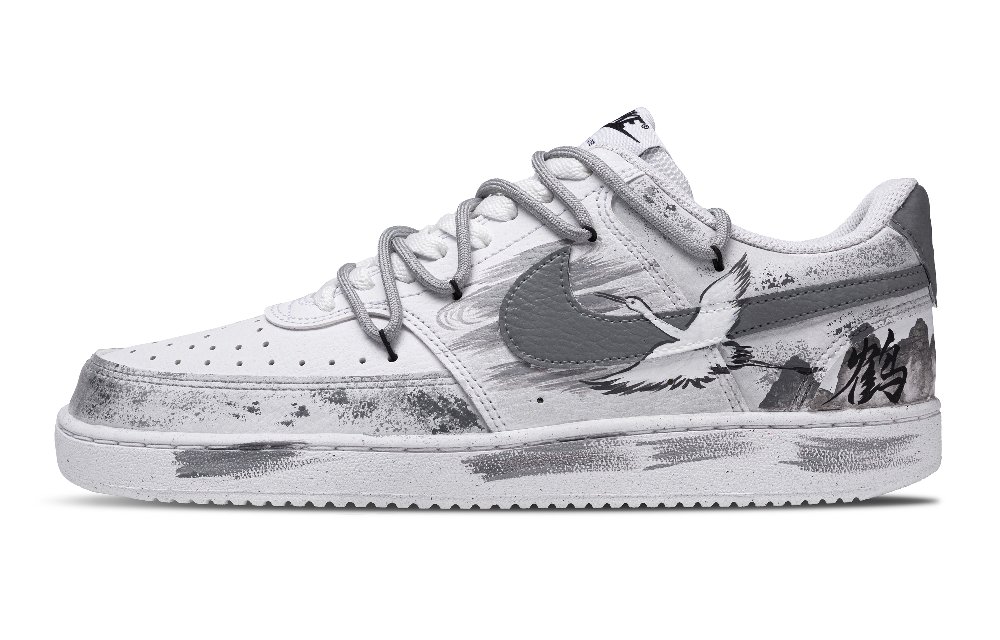 Nike Court Vision 1 Viewing Cranes By The Mountain Non slip Lightweight Low Top Skateboard Shoes Unisex White Gray