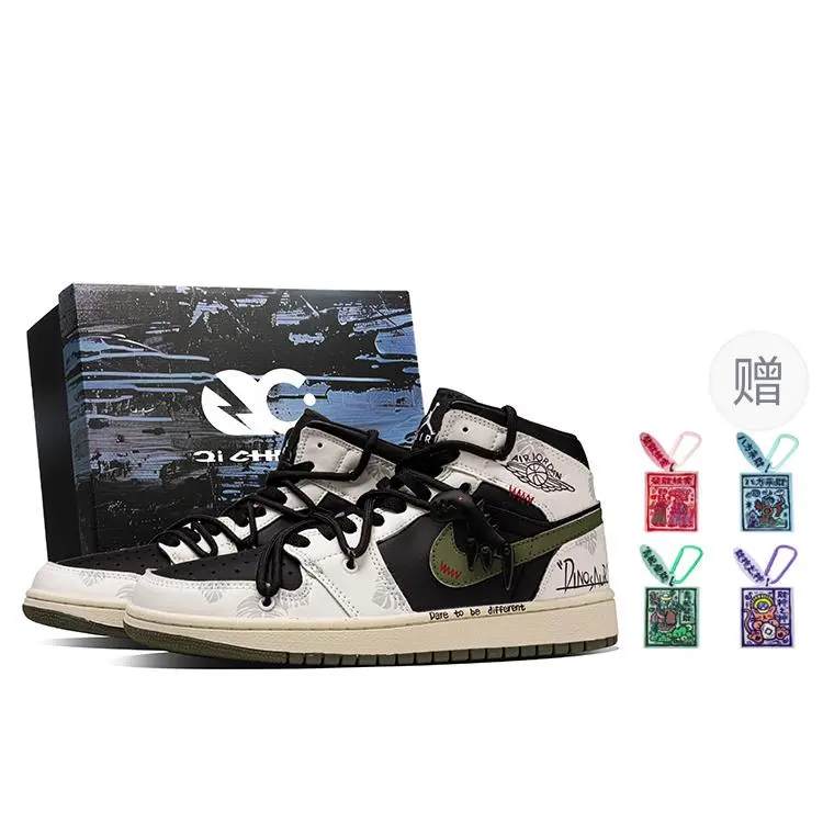 Jordan Air Jordan 1 Horned Dragon Box Abrasion Resistant Mid top Vintage Basketball Shoes Unisex Black White