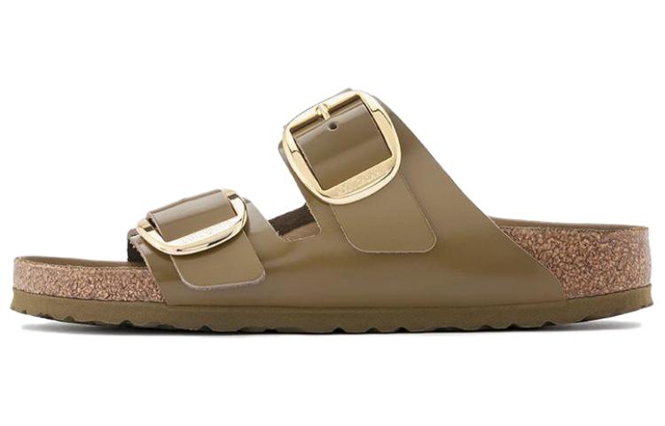 Birkenstock Arizona Big Buckle Natural Leather Patent Narrow Fit Sandals 'High Shine Mud Green' Women's