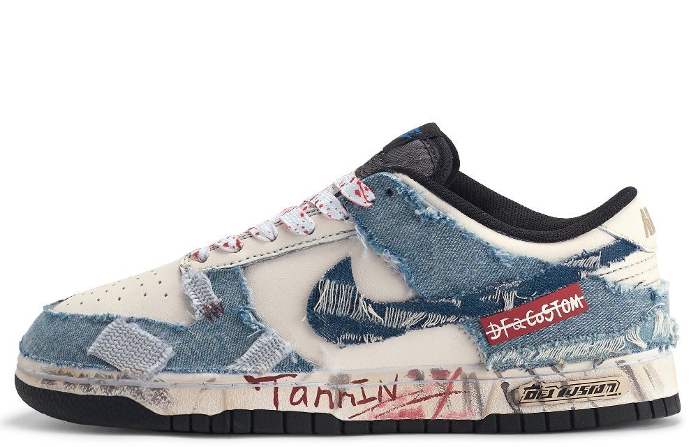 Nike Dunk Da Vinci Custom, Denim Huichao Low Top Skateboard Shoes Unisex Blue White