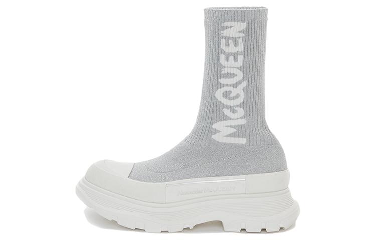 Alexander McQueen Logo Intarsia Chunky Sock Sneaker Grey White Women's