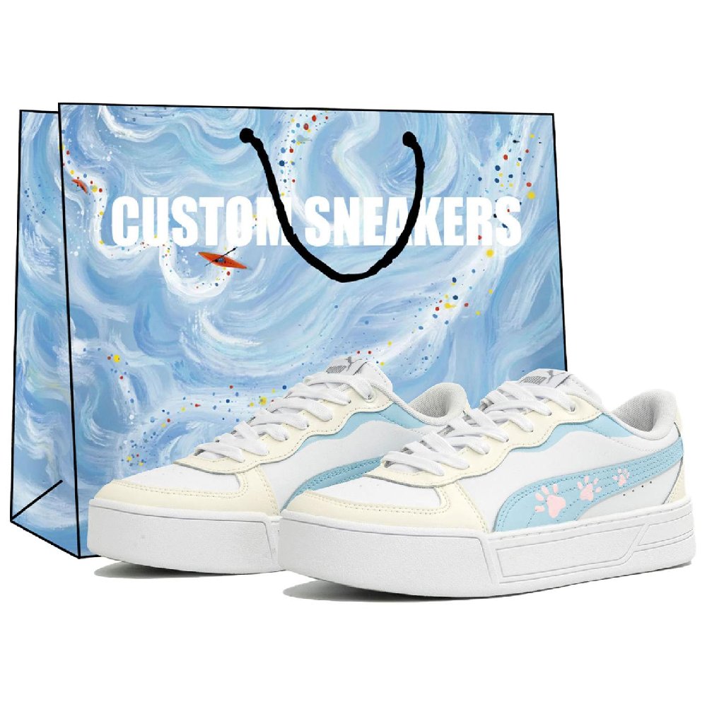 PUMA Skye Myriad Flowers, Cat Paw, Shopping Bag Low Top Skateboard Shoes Women's White Blue Yellow
