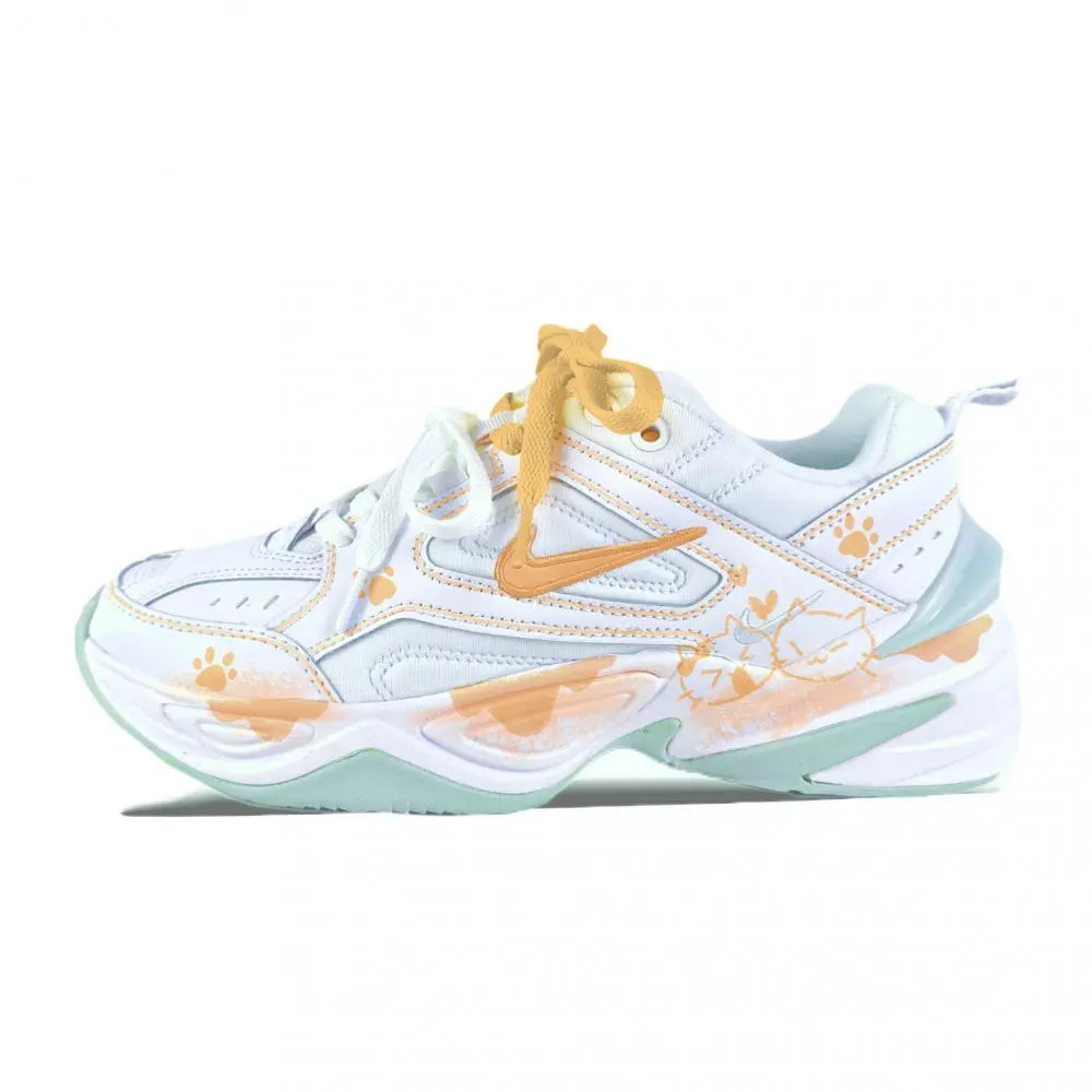 Nike M2K Tekno Abrasion Resistant Breathable Low Top Chunky Sneakers Women's White Orange