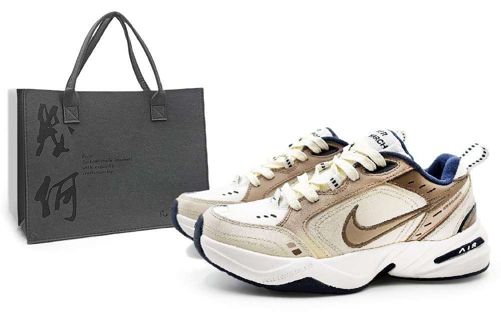 Nike Air Monarch 4 White Navy Abrasion Resistant Low Top Chunky Sneakers Men's Beige Brown