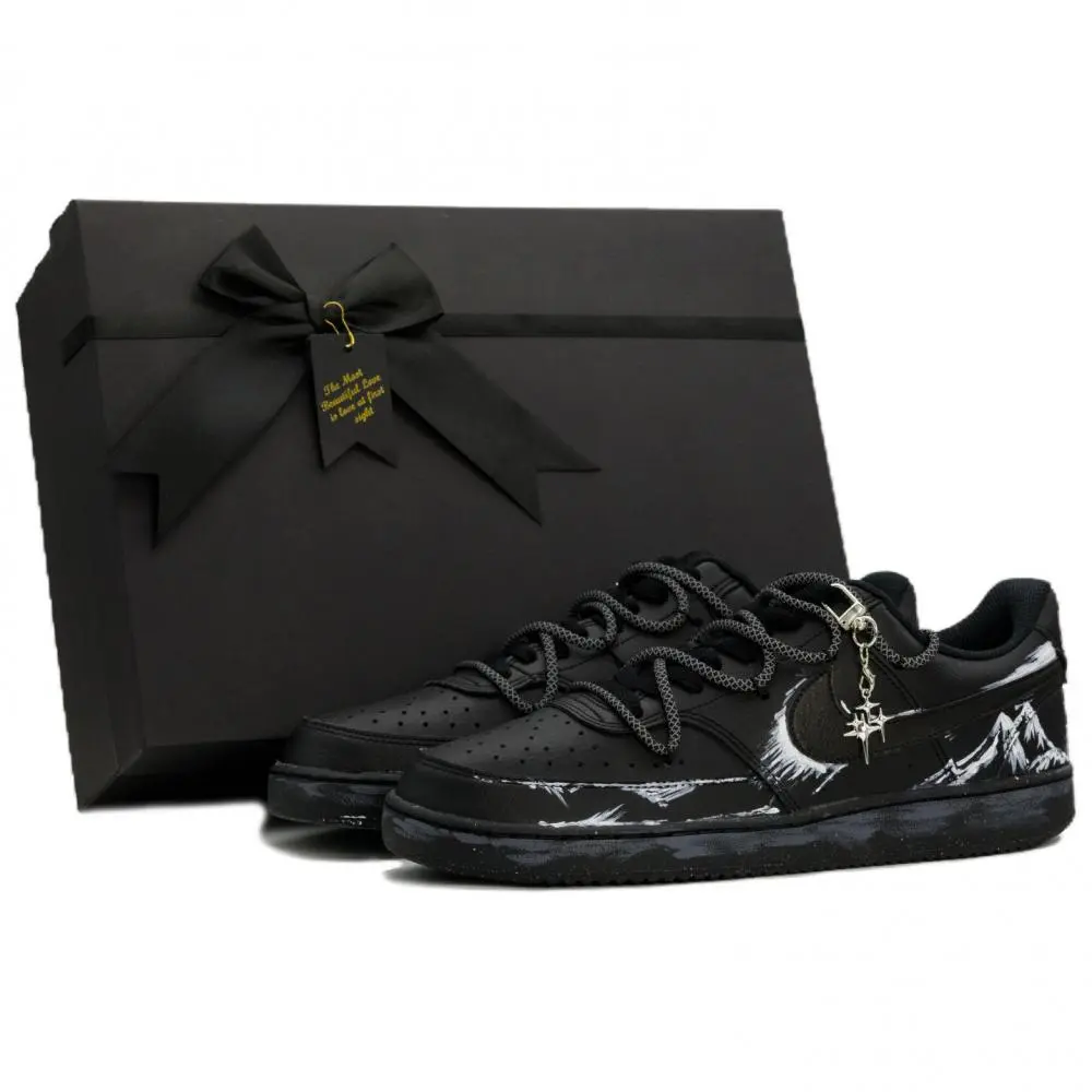 Nike Court Vision Low Ink Mountain Journey Box Included Abrasion Resistant Low top Skateboard Shoes Unisex Black