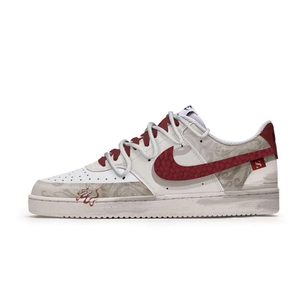 Nike Court Vision P.M.S Scarlet Flame Snake Slip Resistant Waterproof Low Top Skateboard Shoes Men's Brown White