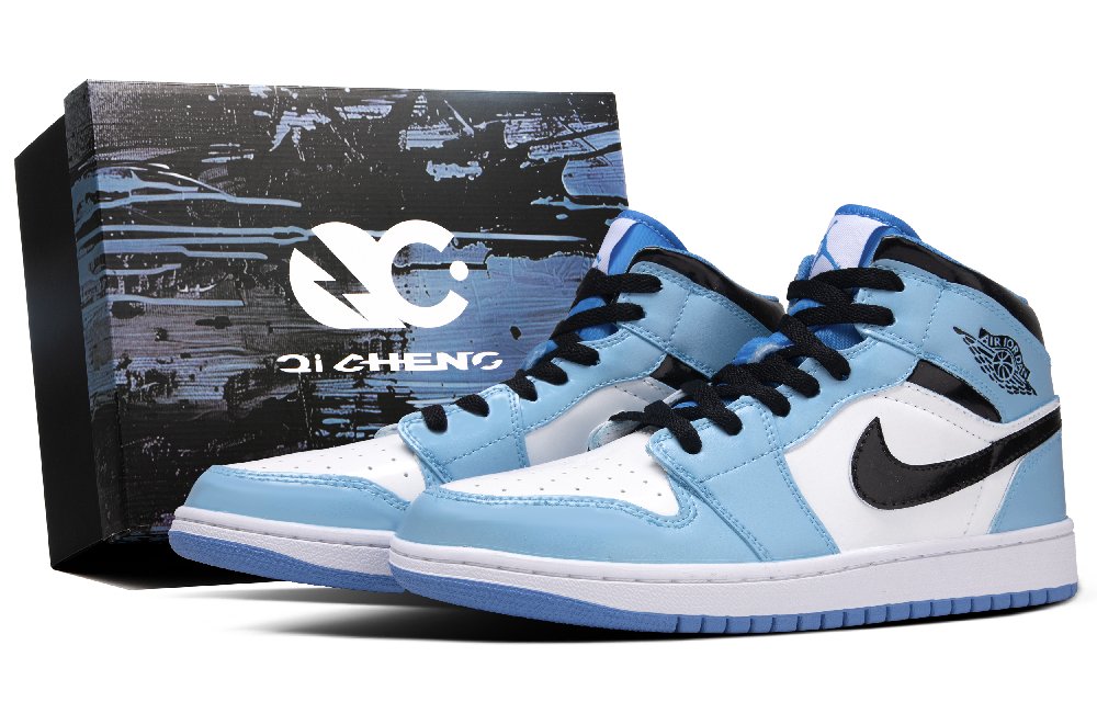 Jordan Air Jordan 1 University Blue Box Abrasion Resistant Mid Top Vintage Basketball Shoes Unisex Blue Black