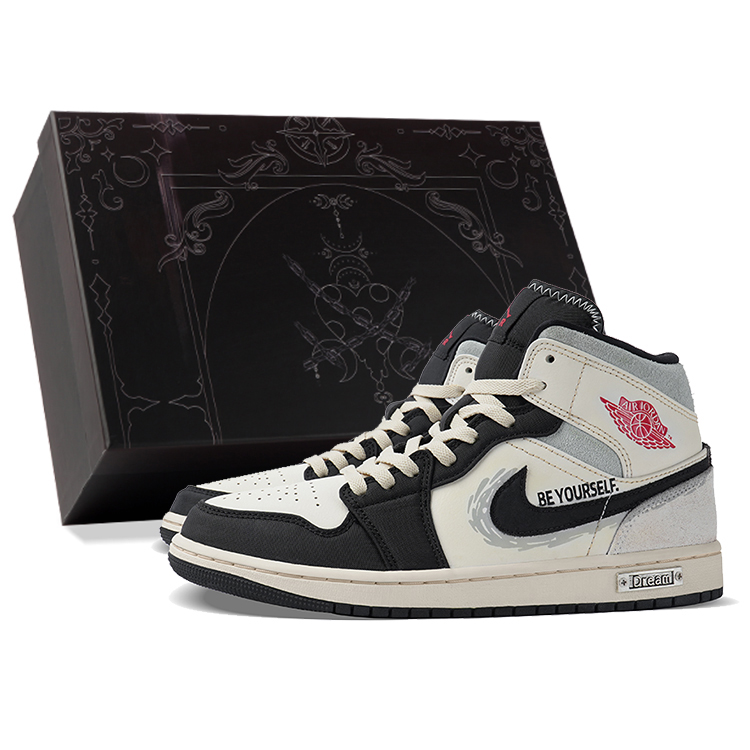 Jordan Air Jordan 1 Cushioned Slip-Resistant Abrasion-Resistant Mid-Top Vintage Basketball Shoes Men's Black White Gray
