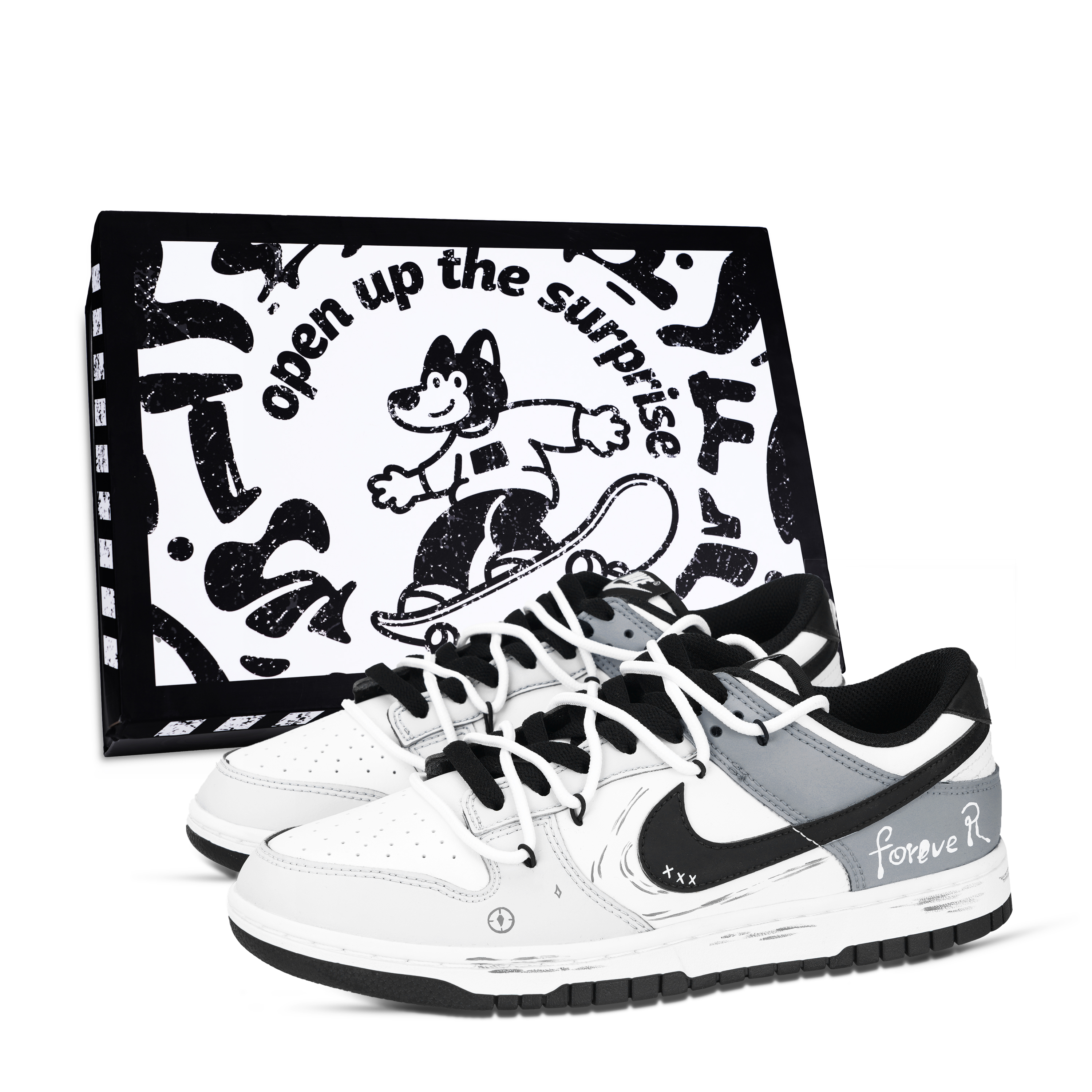Nike Dunk Forever Black Shoe Box Abrasion Resistant Low top Skateboard Shoes Unisex Black White Gray