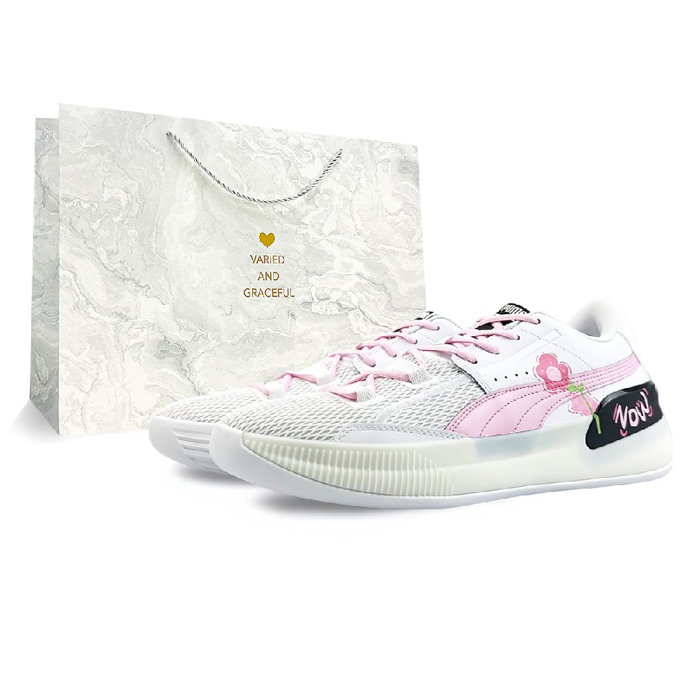 PUMA Clyde Hardwood Slip-Resistant Lightweight Water-Resistant Low-Top Basketball Shoes Men's Pink White