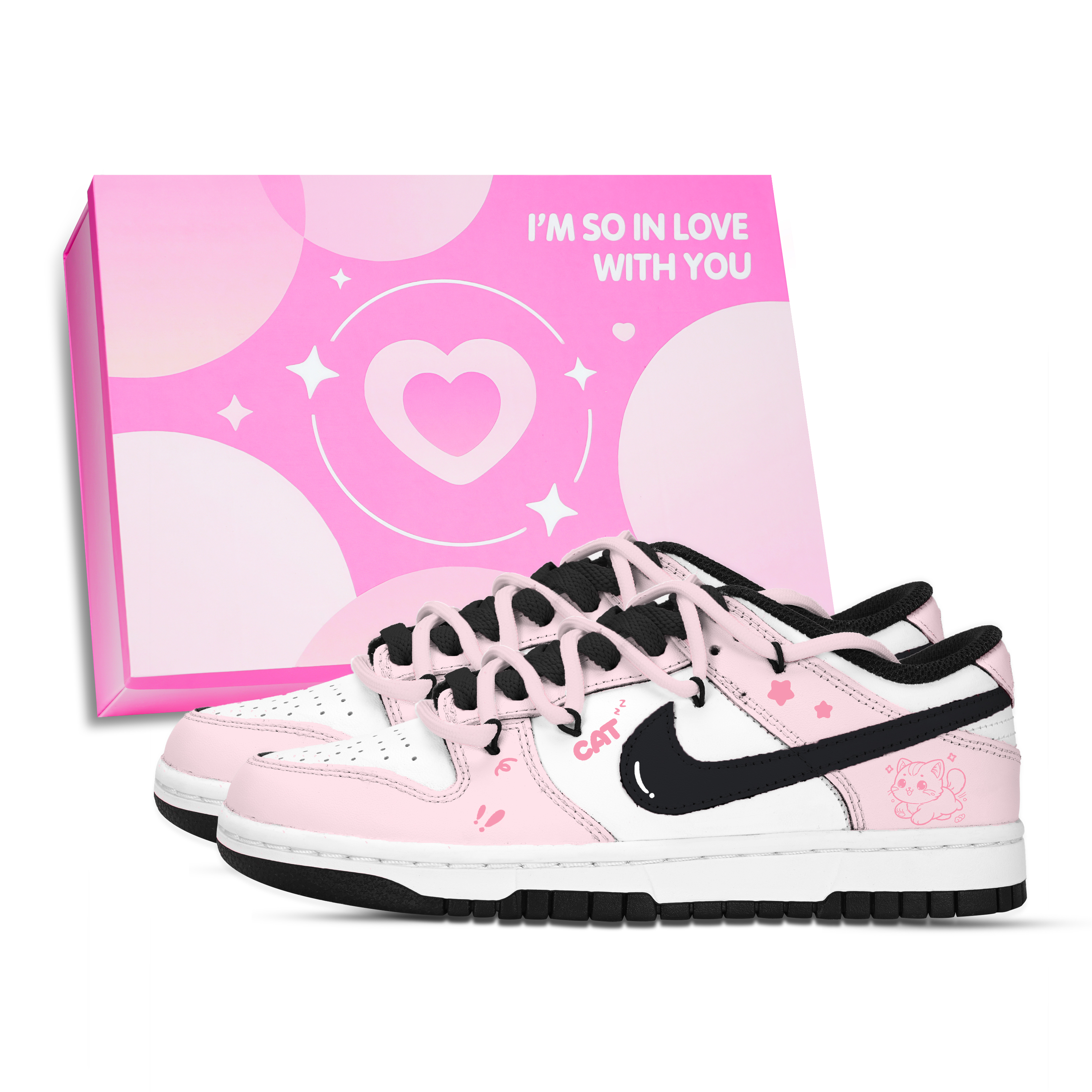 Nike Dunk Star Chasing Pink Cat Abrasion Resistant Slip Resistant Low top Skateboard Shoes Unisex Pink White Black