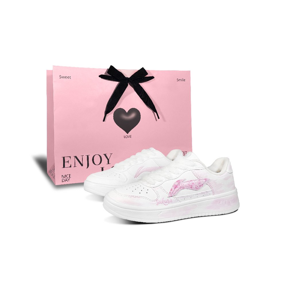 LiNing Pontoon Boats Pink Cherry Blossom Love Low Top Skateboard Shoes Women's Pink White