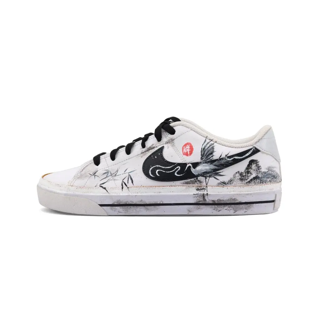 Nike Court Legacy Auspicious Clouds Wild Crane Abrasion Resistant Low top Skateboard Shoes Unisex White Black