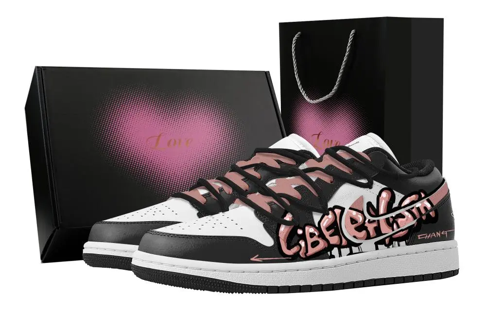 Jordan Air Jordan 1 Street Graffiti, Heart Box Abrasion Resistant Low top Vintage Basketball Shoes Women's Black Pink
