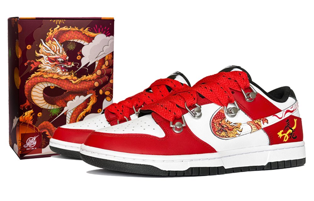Nike Dunk Auspicious Dragons In Joy Cushioning Lightweight Low-Top Skateboard Shoes Men's White Red