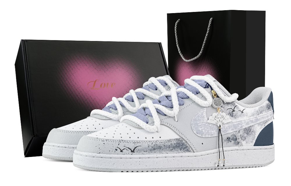 Nike Court Vision Azure Porcelain Charm, Heart Box Abrasion Resistant Low Top Skateboard Shoes Men's White Gray Blue