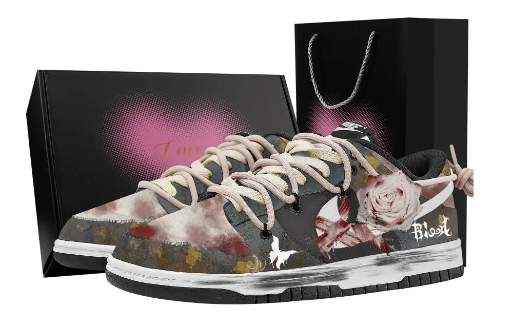 Nike Dunk Blood Red Rose Heart Box Abrasion Resistant Low top Skateboard Shoes Unisex Gray
