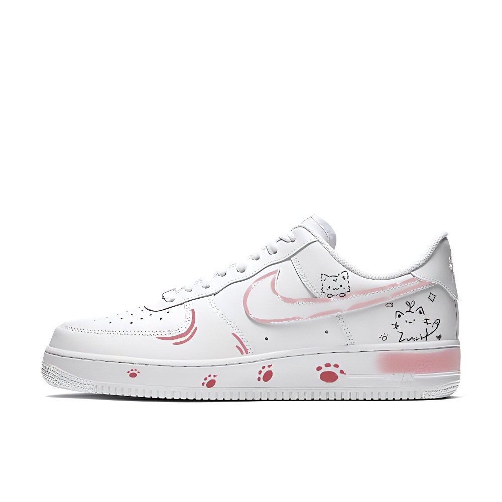 Nike Air Force 1 Cat's Paws Coverage Cushioning Abrasion Resistant Low Top Skateboard Shoes Women's White Pink