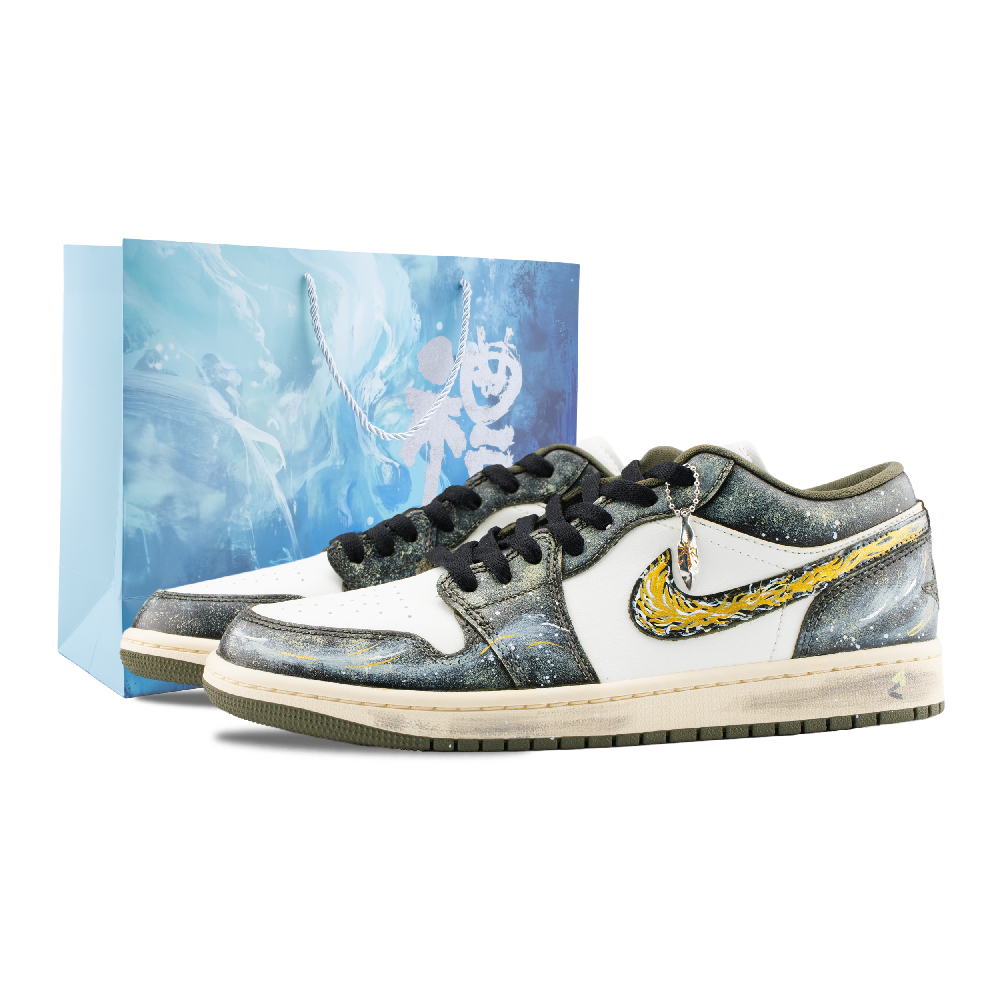 Jordan Air Jordan 1 Ink Obsidian With Gold Sheen Abrasion Resistant Low Top Vintage Basketball Shoes Unisex Green White