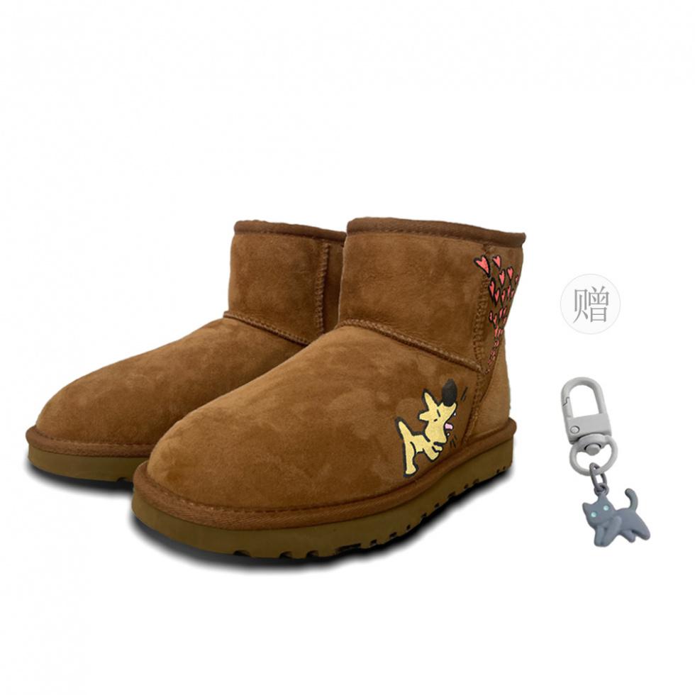 UGG CLASSIC MINI Van Gogh Creation Pendant Gift Heart Puppy Warm And Wear-Resistant Short Snow Boots Women's Chestnut