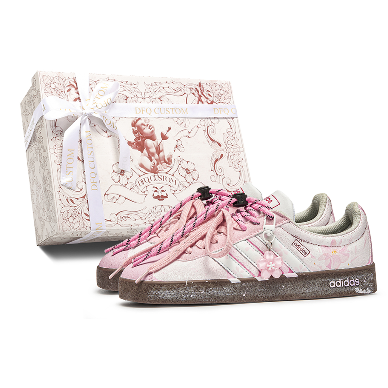 Adidas VL COURT 2.0 Da Vinci, Box, Cherry Blossom Low top Skateboard Shoes Unisex Pink Brown