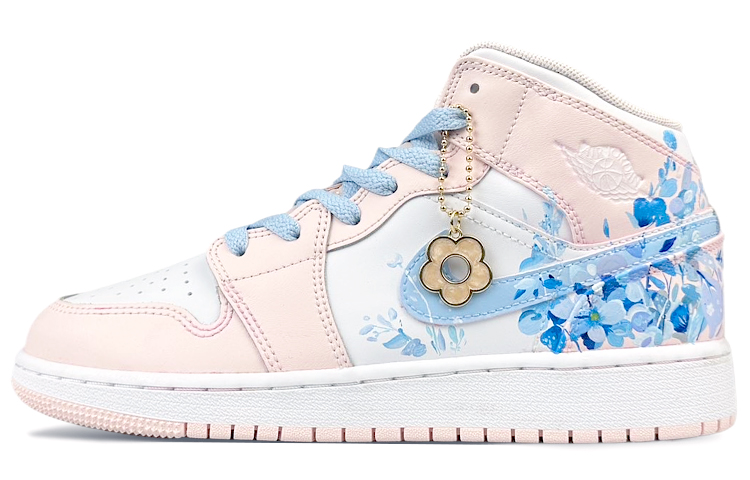 Jordan Air Jordan 1 Cushioning, Wear Resistant Mid Top Vintage Basketball Shoes Women's Pink Blue