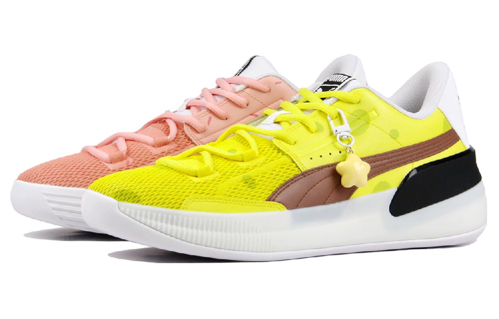 PUMA Clyde Hardwood Cushioning, Wear Resistant Low Top Basketball Shoes Men's White Yellow Pink