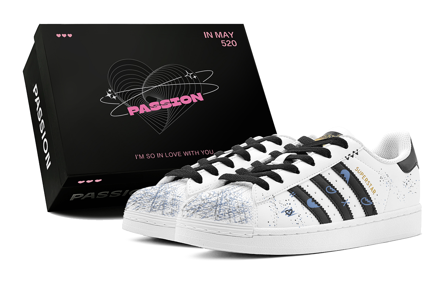 Adidas Originals SUPERSTAR Heart Distressed Shoes, Creative Graffiti Low Top Skateboard Shoes Unisex Black Blue