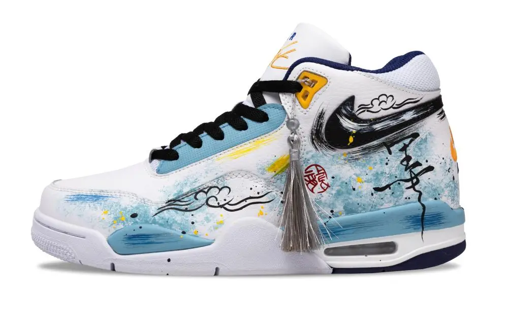 Nike Flight Legacy Ink Feather And Smoke Slip-Resistant Mid-Top Vintage Basketball Shoes Men's White Blue