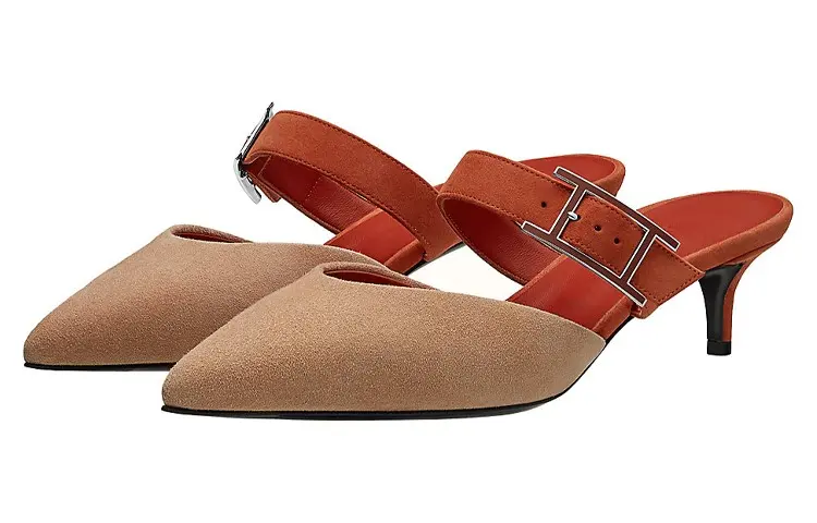 HERMES Blink Slim Heel Closed Toe Slippers Women's Brown