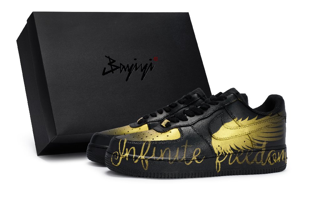 Nike Air Force 1 Slip-Resistant Cushioning Wear-Resistant Low-Top Skateboard Shoes Unisex Black Gold