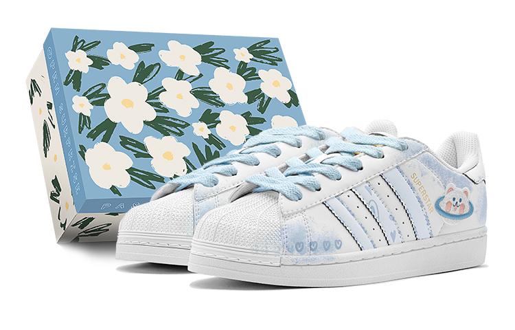 Adidas Originals Superstar Romantic Heart Bear Blue And White Ink Wash Blurred Low-Top Skateboard Shoes Unisex Blue