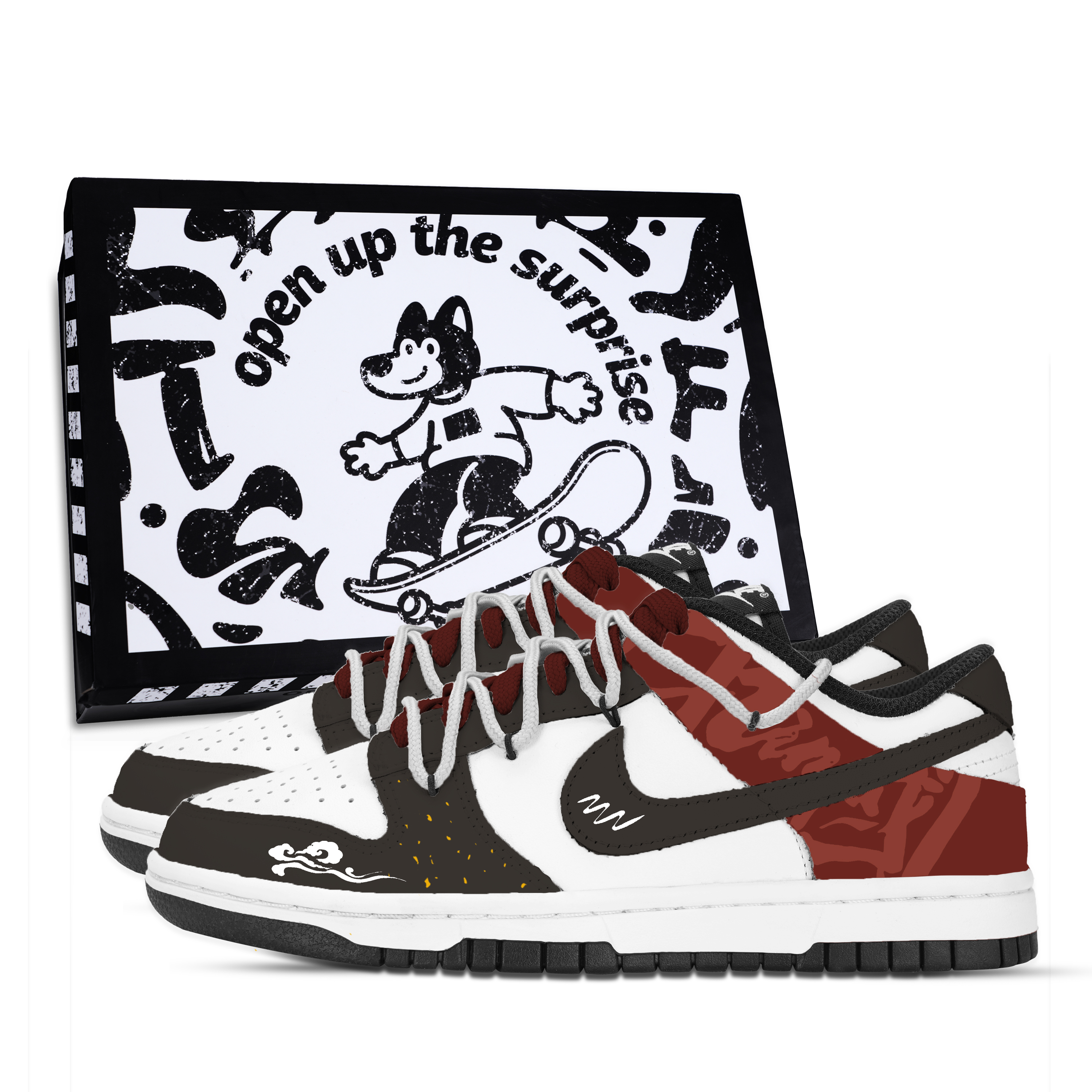 Nike Dunk Ink Auspicious Country Red Slip Resistant Abrasion Resistant Low top Skateboard Shoes Unisex White Black Red