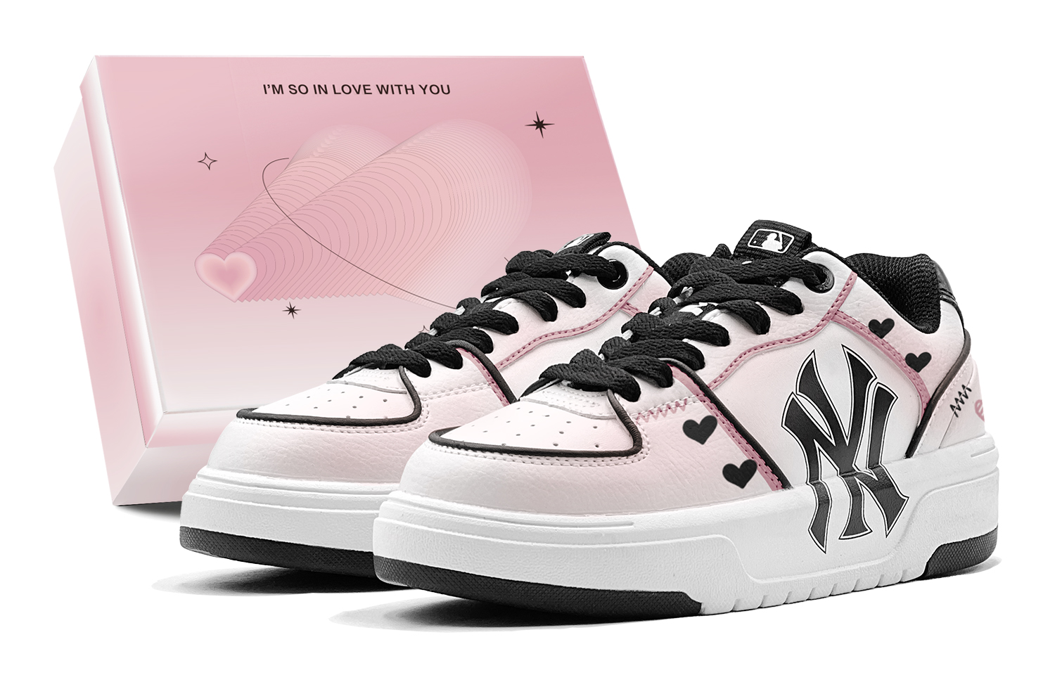 MLB Chunky Liner Romantic Favor, Blackberry Heart Low Top Skateboard Shoes Unisex Black Pink