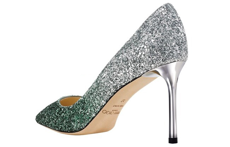 Jimmy Choo ROMY 85 Slim Heel High Heels Women's Silver Green