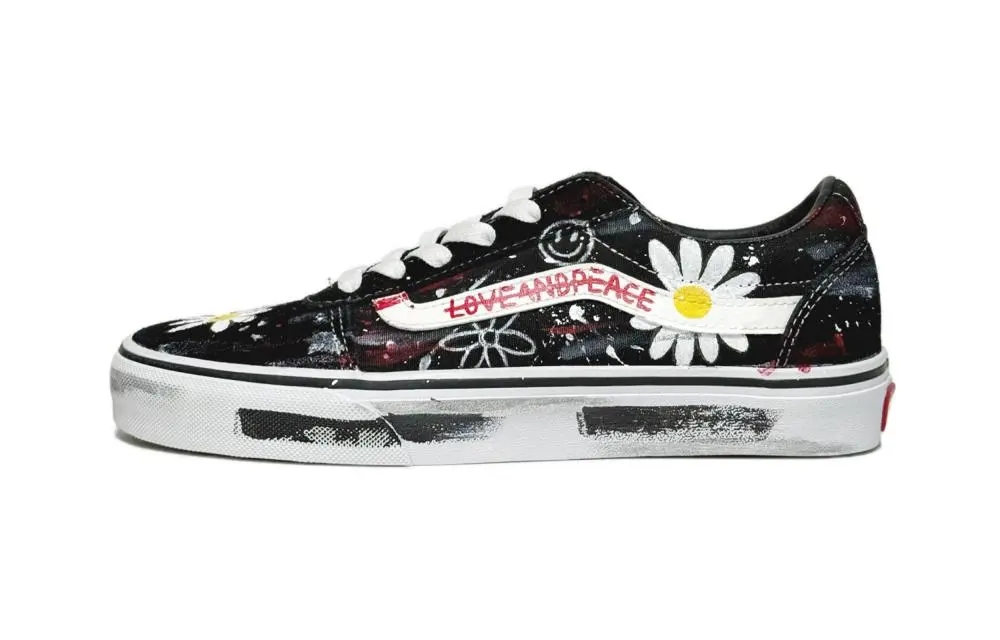Vans Old Skool Street Daisy, Hand Drawn Abrasion Resistant Low top Skateboard Shoes Unisex Black White