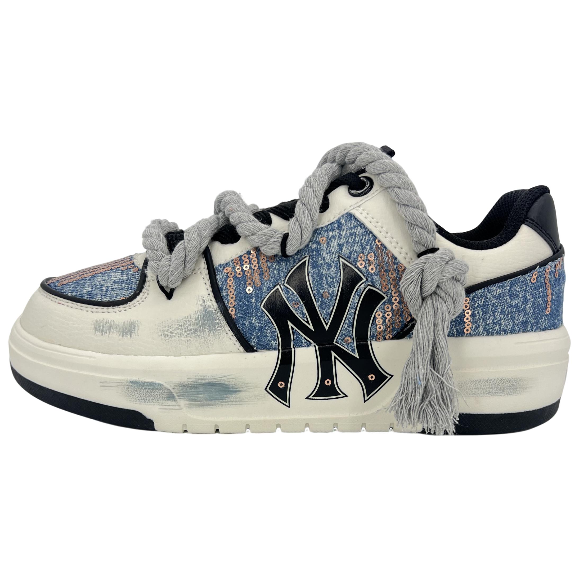 MLB Chunky Liner Anti-Slip Wear-Resistant Low-Top Skateboard Shoes Unisex Beige Blue
