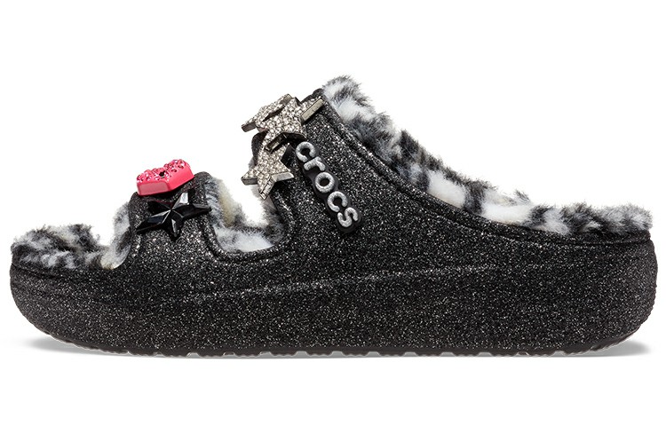 Crocs Classic Cozzzy Disco Glitter Sandals 'Black' Women's