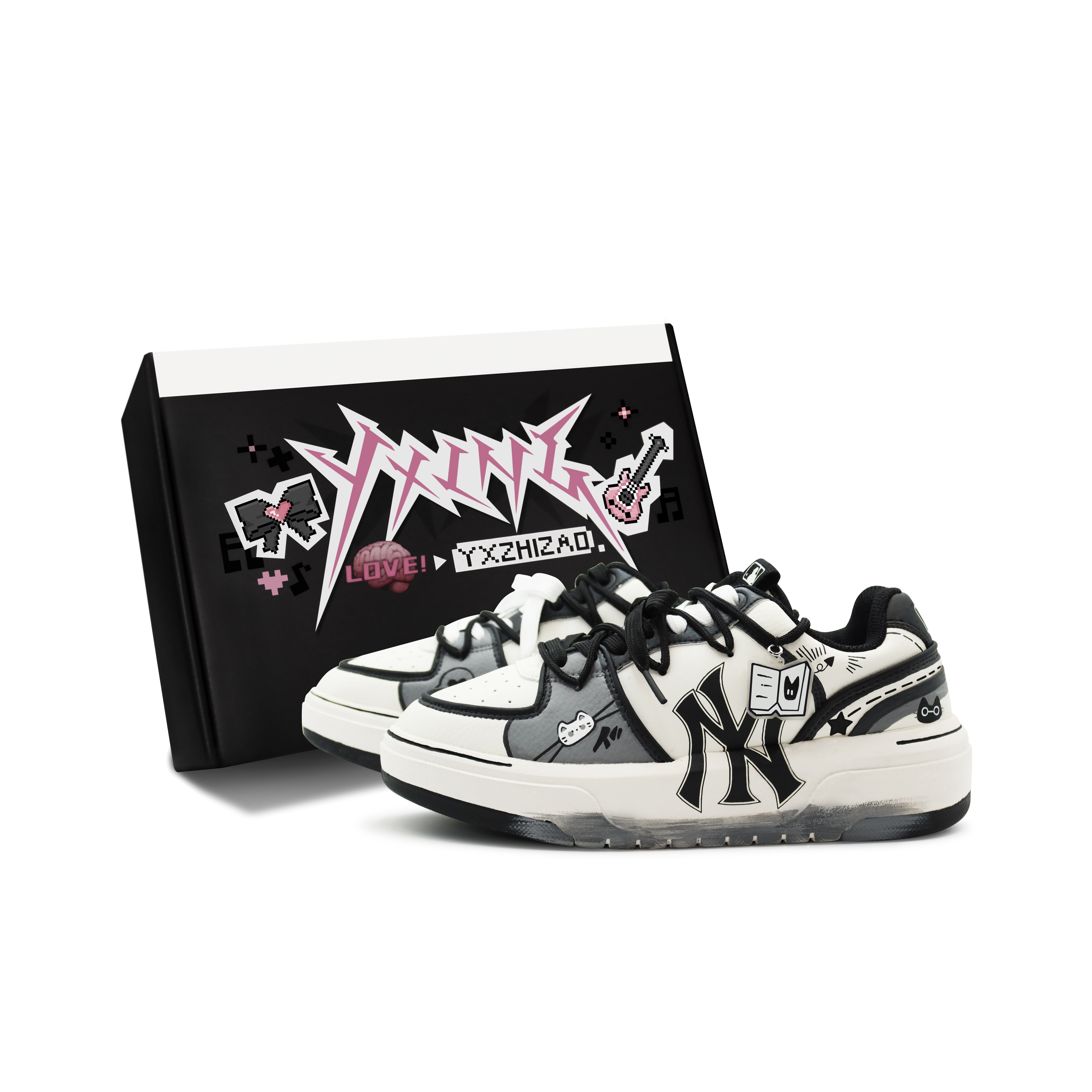 MLB Chunky Liner Anti-Slip Wear-Resistant Low-Top Skateboard Shoes Unisex Black White Gray