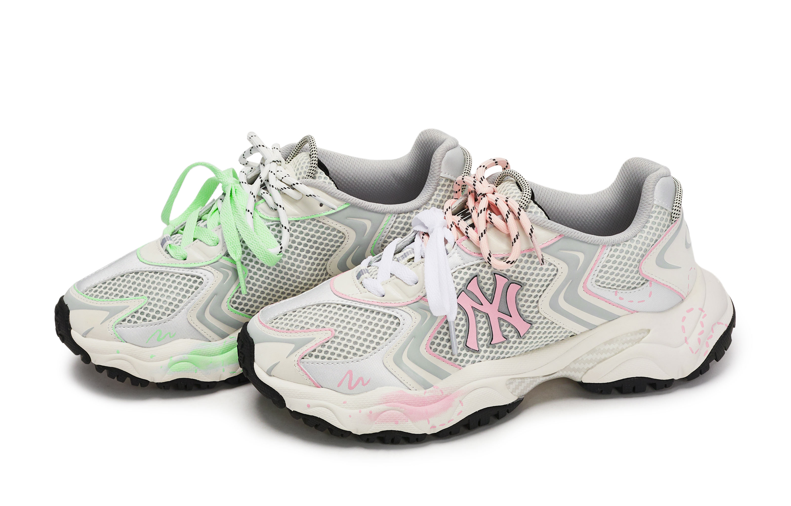 MLB New York Yankees Chunky Sneakers Unisex Low Top Gray/white/pink/green