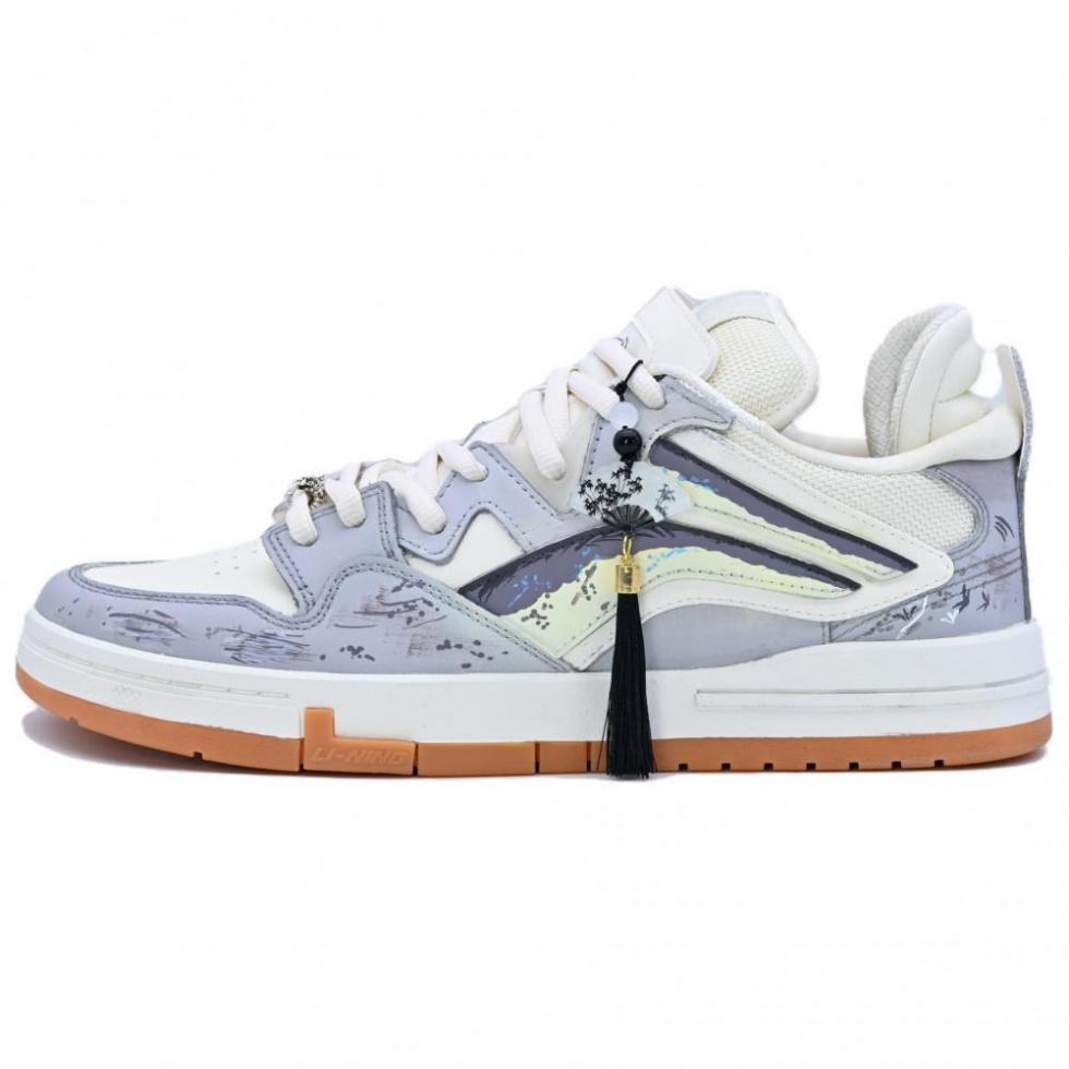 LiNing Wei Wu PRO Ink Bamboo Chinoiserie Coverage Wear-Resistance Balance Low-Top Skateboard Shoes Men's White Gray