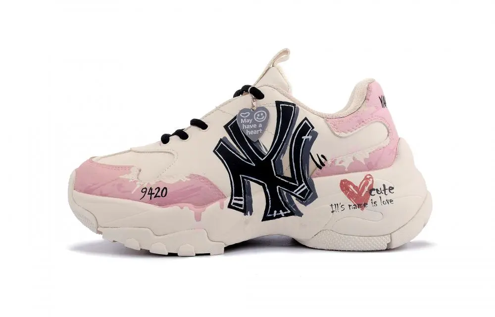 MLB Big Ball Chunky Heartbeat Magic Abrasion Resistant Low top Chunky Sneakers Unisex Beige Pink