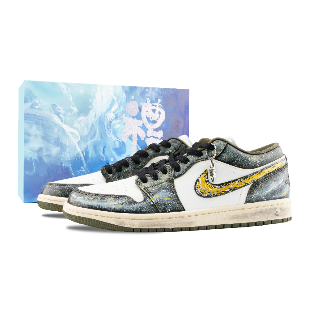Jordan Air Jordan 1 Ink Obsidian With Gold Sheen Abrasion Resistant Low Top Vintage Basketball Shoes Unisex Green White