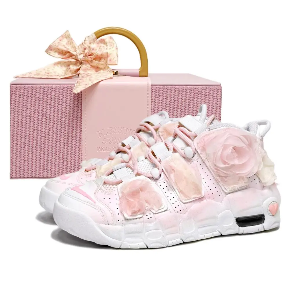 Nike Air More Uptempo GS Pure White Bridal, Dreamy Box Cushioning Mid top Basketball Shoes Women's White Pink