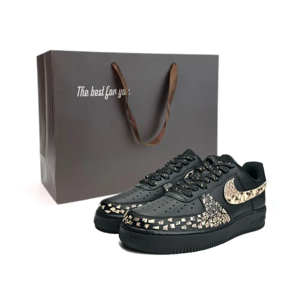 Nike Air Force 1 Golden Scale Black Python Cushioning, Wear Resistant Low top Skateboard Shoes Unisex Black Gold