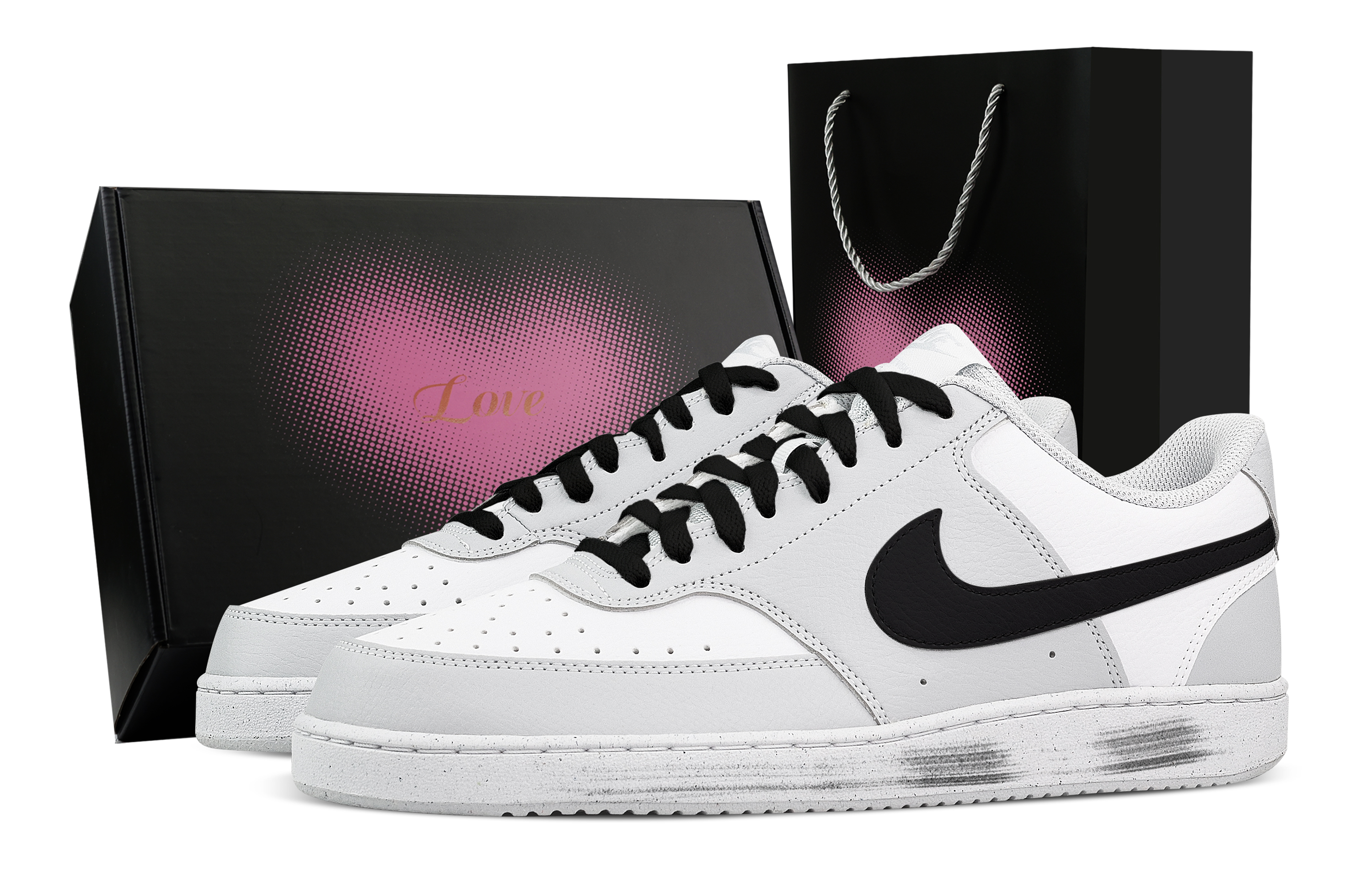Nike Court Vision Black Paper Box Heart Box Abrasion Resistant Low Top Skateboard Shoes Men's Black White Gray